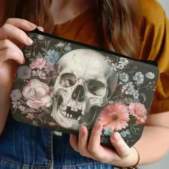 Handbags - Skull & Floral Print Cosmetic Bag